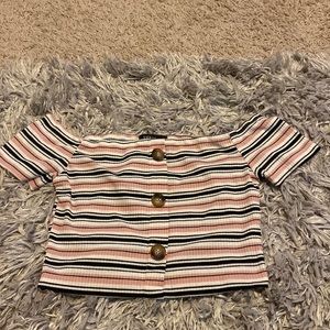 Pink Striped Buttoned Off The Shoulder Crop Top